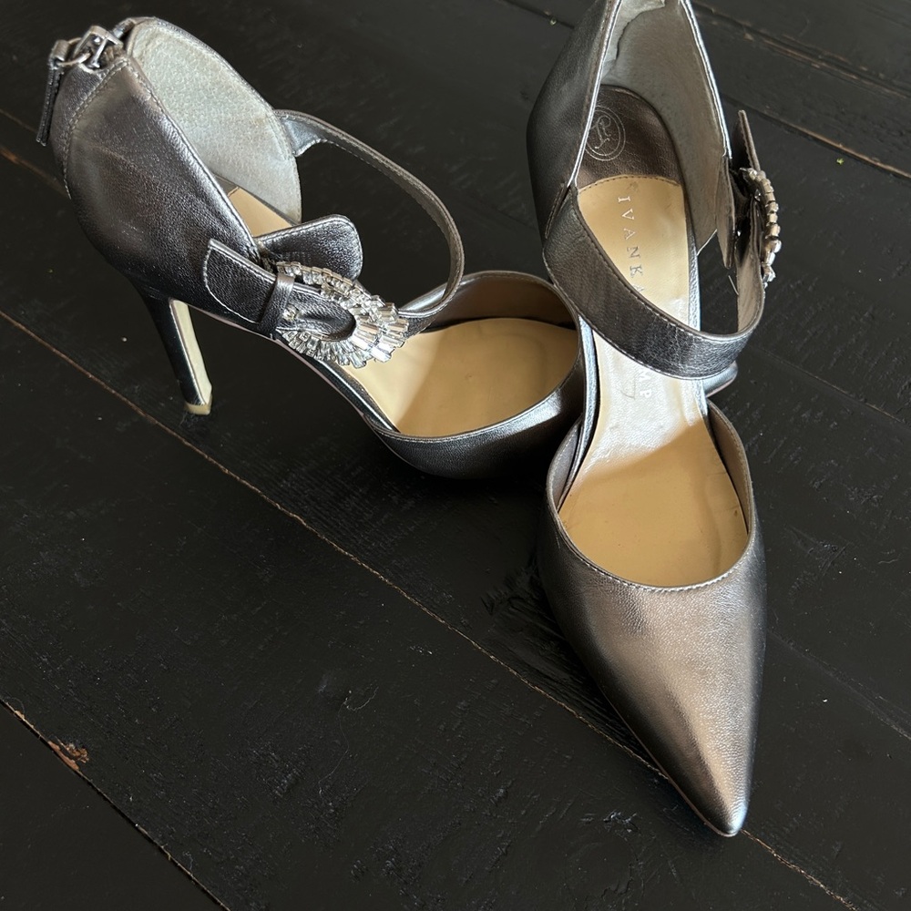 Ivanka Trump Metallic Silver Heels with Rhinestone Accent on buckle